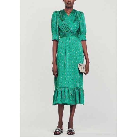 NWT SANDRO Silk Green Short-Sleeve Enrika Printed Midi Dress